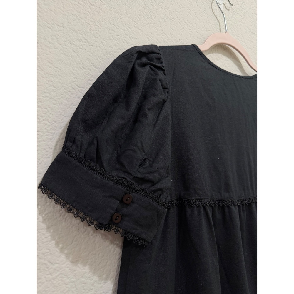 Tuckernuck Linen Babydoll Mini Dress Black XS Puff Sleeve V-neck Relaxed Casual - Picture 5 of 7